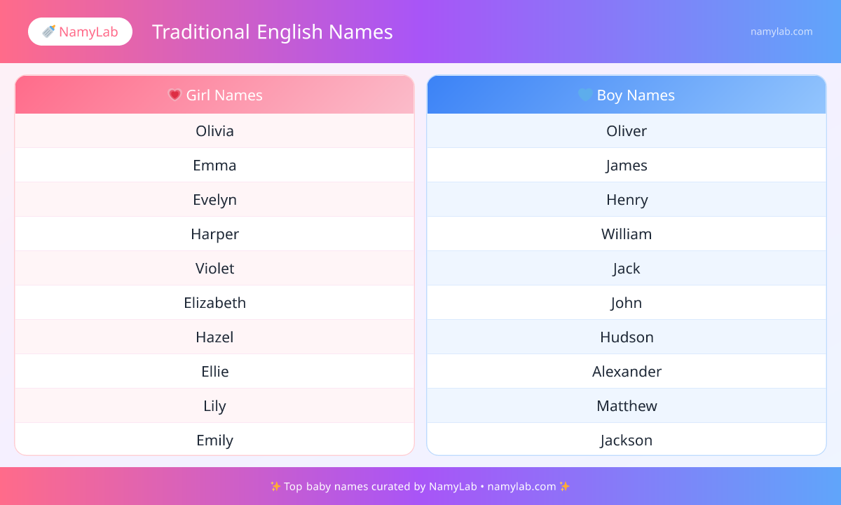Top Traditional English Names ranked by popularity